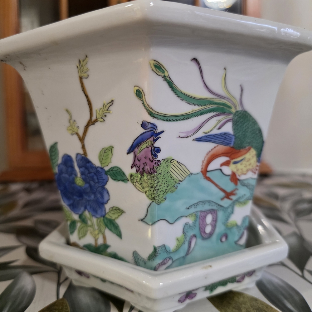 Vintage Chinese Famille Rose Hexagonal Porcelain Planter with Matching Tray